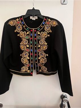 Vintage Embroidered Black Beaded Cropped Design Assets Jacket